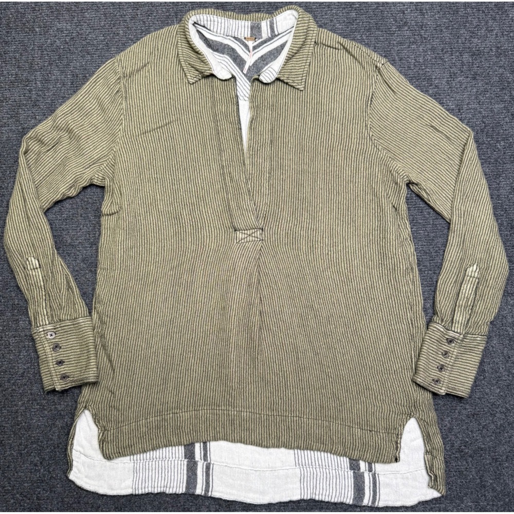 Free People On The Road Olive Green Striped V-Neck Tunic Top Size M Boho Chic